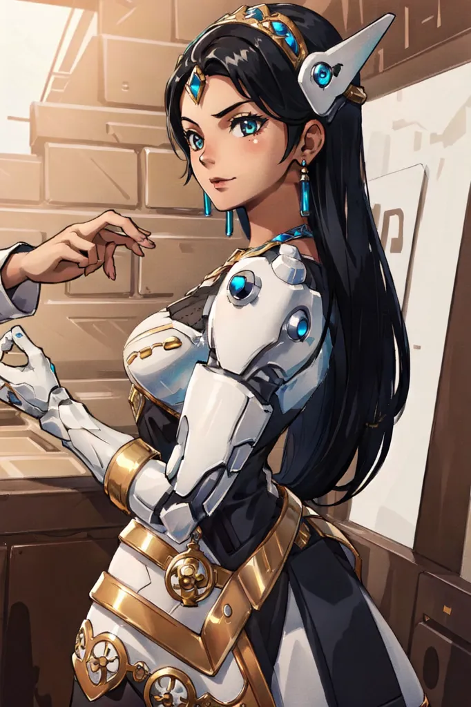 The image is of a young woman with long black hair and blue eyes. She is wearing a white and gold bodysuit with a blue gem in the center. She also has a gold and blue headdress and blue earrings. She is standing in a room with a brick wall in the background. There is a man's hand with a white glove touching her left arm.