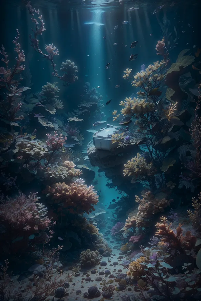 The image is a beautiful underwater scene. The water is crystal clear. The sunlight is shining down, creating a beam of light. There are many colorful fish swimming around. The coral reefs are in various shapes and colors. There is a futuristic submarine sitting on a rock outcropping. The sub is white and has a large window in front.