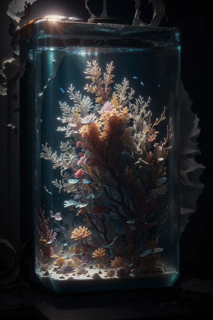 La imagen es un renderizado 3D de un cilindro de cristal lleno de agua y varios tipos de coral. El coral está dispuesto en una estructura en forma de árbol, con las ramas que se extienden hacia la luz. También hay varios peces pequeños nadando alrededor del agua. El fondo es de color azul oscuro, lo que hace que el coral y los peces resalten. La imagen es muy realista y parece que pudieras extender la mano y tocar el coral.