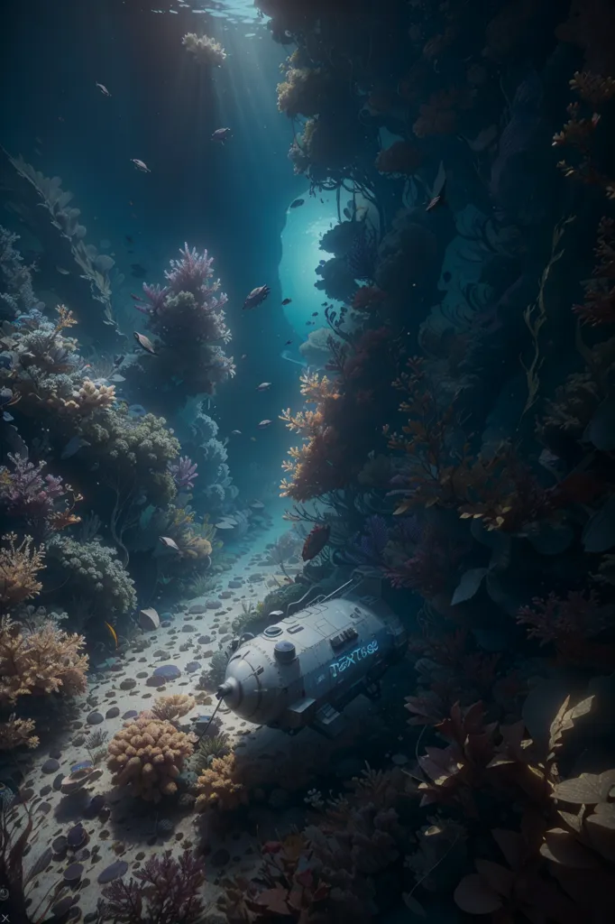 The image is a beautiful and detailed painting of an underwater scene. The water is crystal clear with a slight blue tint, and the sunlight is streaming down from the surface, creating a beautiful and serene atmosphere. The foreground is a sandy bottom with various corals and other marine life. The background is a large coral reef with many different types of fish swimming around. There is a submarine in the middle of the image, which appears to be exploring the reef. The submarine is gray and has the word \