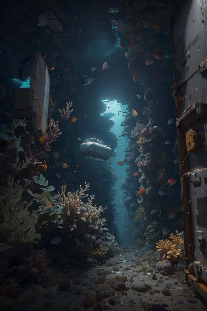 La imagen es una representación en 3D de una escena submarina. La escena es un pasillo largo y estrecho con una puerta grande al final. Las paredes del pasillo están cubiertas de coral y otras formas de vida marina. Hay peces nadando alrededor en el agua. Un submarino está atracado al final del pasillo.