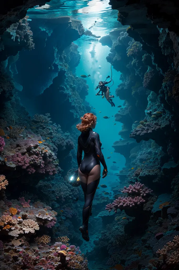 La imagen muestra a una mujer de cabello oscuro con un traje de neopreno negro buceando en un arrecife de coral. Ella está mirando a otra buceadora, una mujer pelirroja, que está nadando sobre ella. La mujer pelirroja lleva un traje de neopreno negro y un tanque de oxígeno amarillo. Está sosteniendo una linterna. El arrecife de coral está lleno de peces de colores y otras formas de vida marina. El agua es clara y azul.