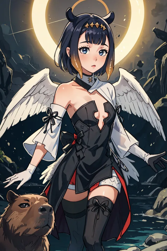 This image shows a young woman with long dark hair, blue eyes, and small horns on her head. She is wearing a black and white dress with a large white bow on her chest. She also has a pair of white wings and a halo above her head. She is standing in a dark forest with a brown bear standing next to her. There is a bright moon behind her.