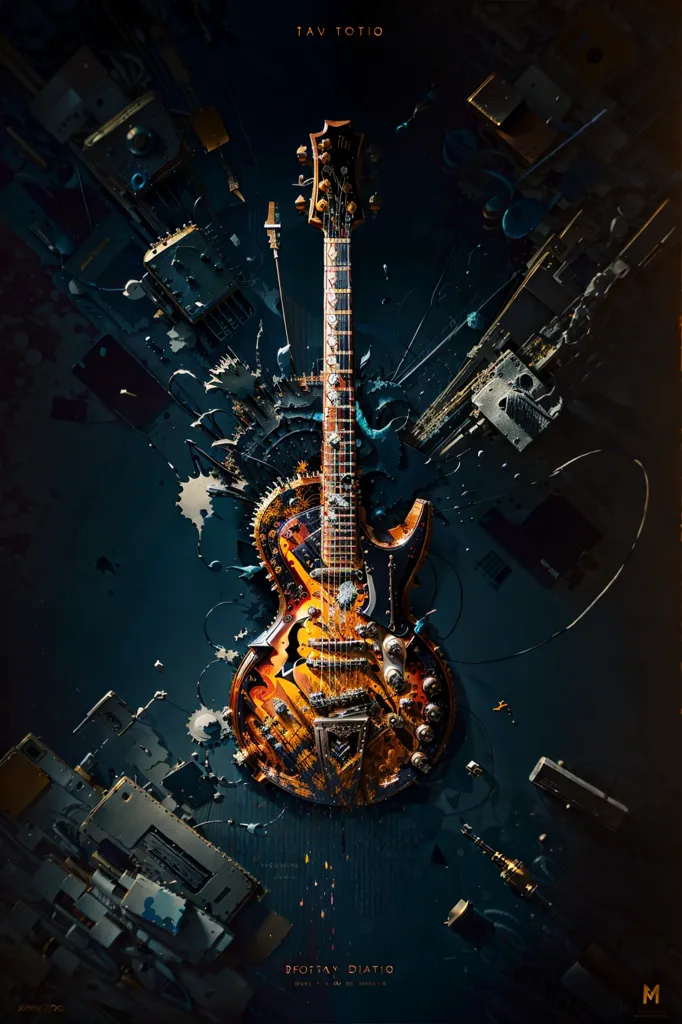 The image is a dark blue background with an orange and yellow guitar in the center. The guitar is made of many different materials including metal, wood, and plastic. There are also many different objects surrounding the guitar such as gears, cogs, and wires. The image is very detailed and looks like it was created using a computer program.