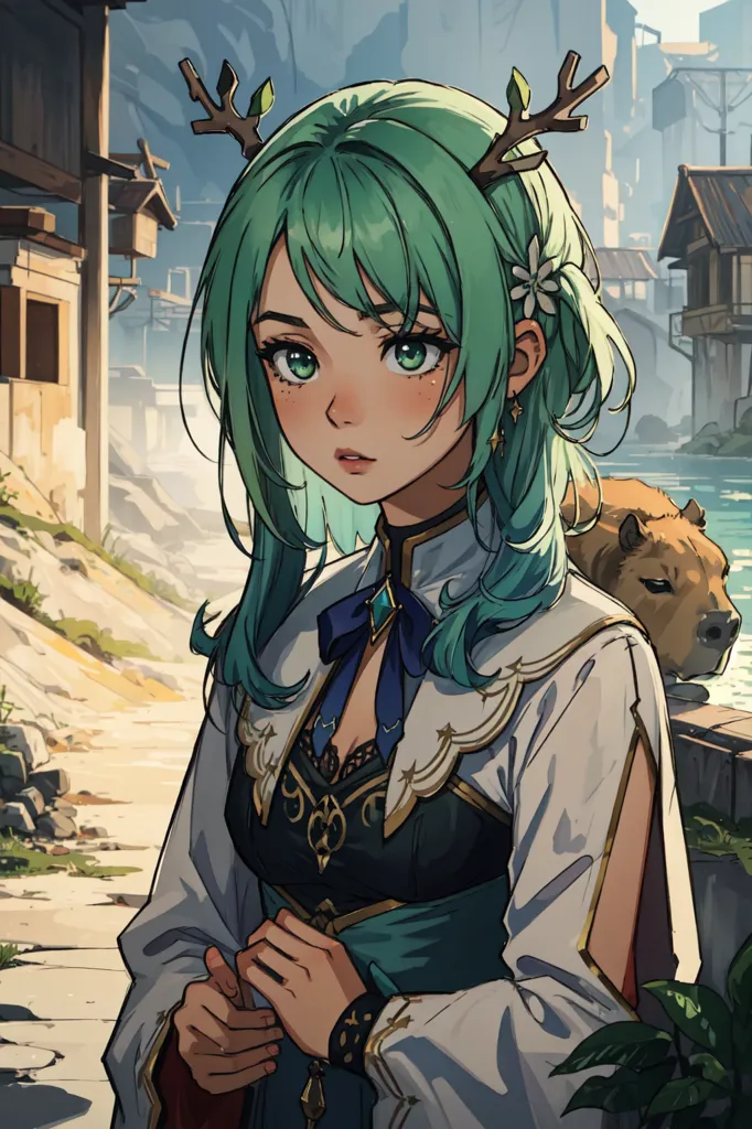 The image is of an anime-style girl with green hair and eyes. She is wearing a white and green dress with a blue ribbon. She has antlers on her head and is standing in a village with a river running through it. There is a capybara behind her on a wall.