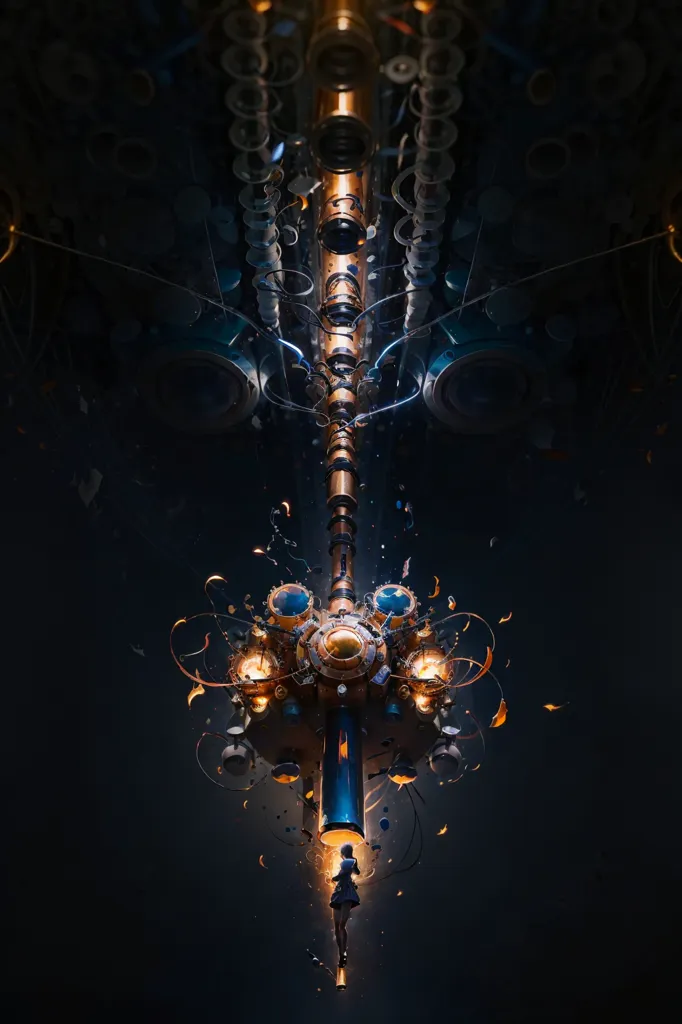 The image is a dark steampunk style illustration of a girl standing in the center. She is looking up at a large, ornate steampunk contraption above her. The contraption is made of brass and copper pipes, gears, and other mechanical parts. It is suspended in the air by a series of chains. The girl is wearing a long dress and has a determined expression on her face. The background is dark, with a few stars visible.