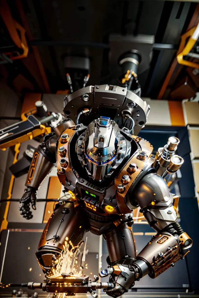 The image shows a large, powerful-looking robot with a metallic finish and glowing blue eyes. It is standing in what appears to be a workshop, surrounded by tools and equipment. The robot is holding a large metal object in its hands and appears to be working on it. The image is dark and has a somewhat futuristic feel to it.