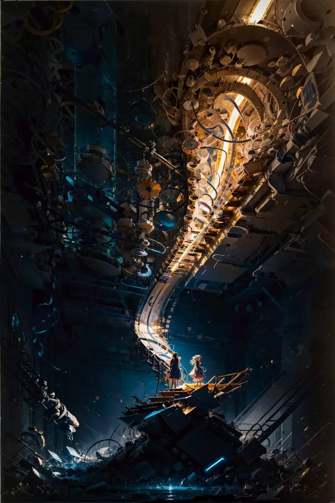 The image is a dark and mysterious place. There is a large, glowing clockwork mechanism in the center of the image, and two small figures standing on a platform in front of it. The clockwork mechanism is made up of many different gears and cogs, and it is surrounded by a dark, swirling mist. The two figures are a young boy and a young girl, and they are both looking up at the clockwork mechanism in awe. The image is full of mystery and wonder, and it leaves the viewer wondering what will happen next.