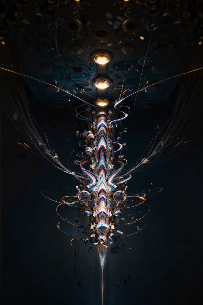 The image is a dark blue background with a glowing white object in the center. The object is made up of many small parts that are connected together. The parts are arranged in a way that suggests that the object is a chandelier. The chandelier is illuminated by three spotlights. There are also some small, glowing particles floating around the chandelier.