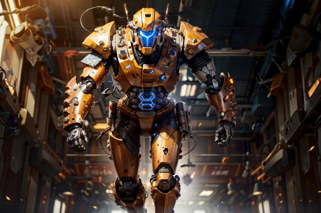 The image shows a large, bipedal mech suit. It is made of a variety of materials, including metal, plastic, and glass. The mech suit is armed with a variety of weapons, including a large gun on its right arm and a smaller gun on its left arm. It also has a shield on its left arm. The mech suit is standing in a large, industrial building. There are several other mechs in the background.