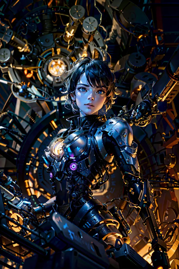 This is an image of a young woman standing in front of a steampunk background. She is wearing a black and blue bodysuit with a lot of metal and wires. She has short black hair and blue eyes. She is also holding a large gun. The background is dark and full of machinery.