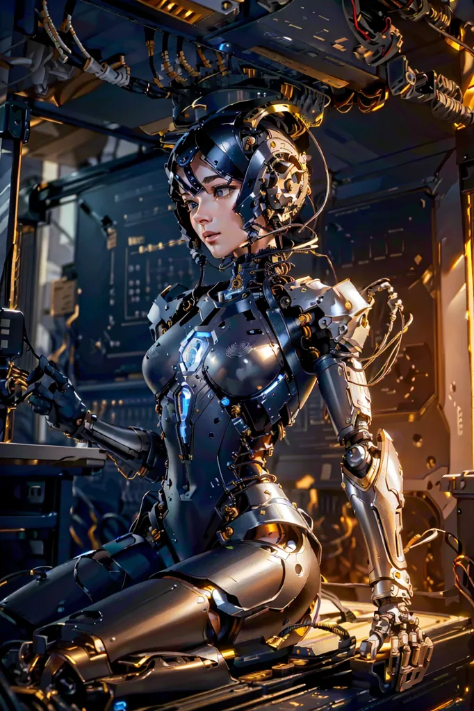 The image is a digital painting of a female cyborg. She is sitting in a dark room, surrounded by machinery. The cyborg has pale skin, dark hair, and blue eyes. She is wearing a black and silver bodysuit that covers her entire body. The suit is made of metal and has a lot of wires and tubes attached to it. The cyborg's face is also covered in metal, and she has a glowing blue eye. She is sitting on a metal table, and there are a lot of tools and machinery around her. The image is very detailed, and the artist has spent a lot of time on it.