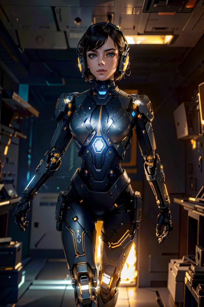 This is an image of a female cyborg. She has short black hair and blue eyes. She is wearing a black and blue bodysuit with a glowing blue core. She is also wearing a pair of headphones. She is standing in a dark room with a futuristic setting. There are several crates and shelves in the background.