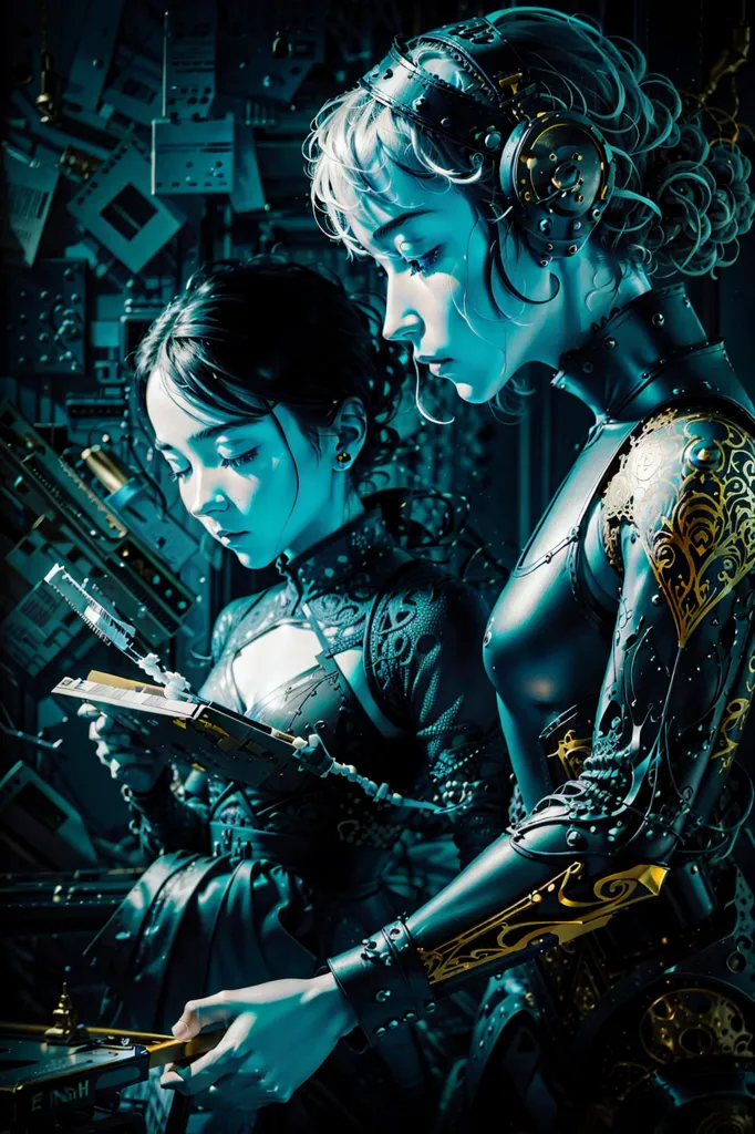 The image is of two women in a dark room. They are both wearing black leather outfits and have cybernetic enhancements. The woman on the left is holding a book. The woman on the right is looking at the book. They are both surrounded by electronic equipment.