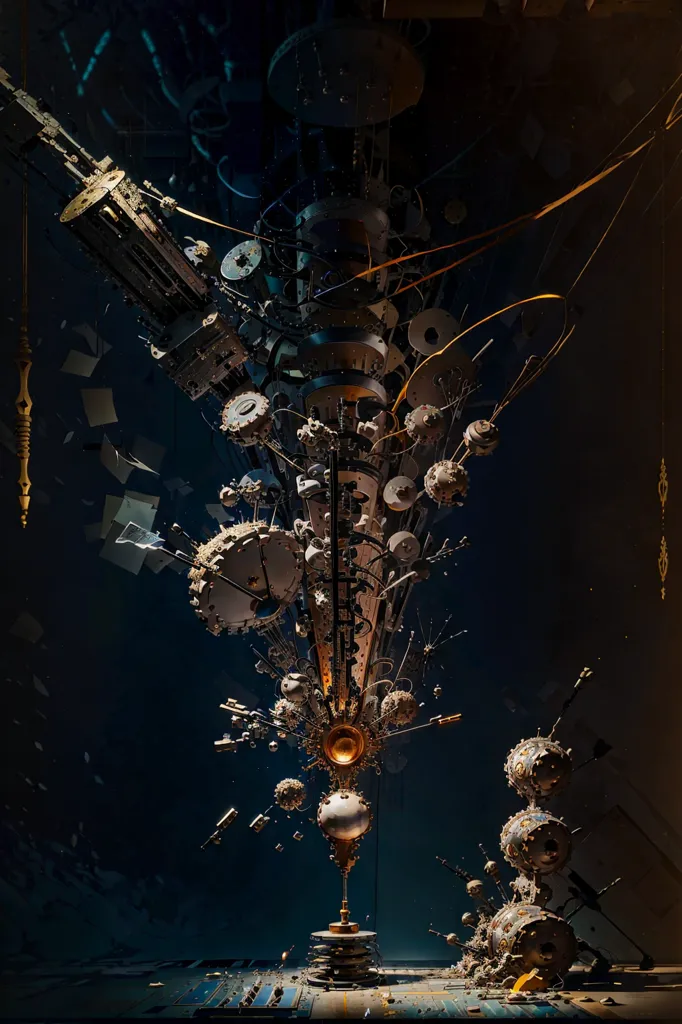 L'image est une illustration sombre et mystérieuse aux thèmes steampunk. Elle représente une grande machine ornée composée d'une variété d'engrenages, de rouages et d'autres pièces mécaniques. La machine semble être dans un état de délabrement, avec de nombreuses pièces cassées ou manquantes. Il y a aussi un certain nombre d'objets étranges et inhabituels éparpillés autour de la machine, comme un crâne humain, un nid d'oiseau et une horloge. L'atmosphère générale de l'image est celle de la décadence et de la négligence.