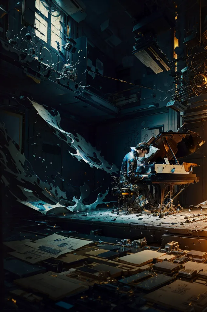 The image is a dark and moody painting of a pianist playing in a ruined room. The pianist is wearing a blue shirt and jeans, and is sitting at a black piano. The room is filled with debris, and the walls are covered in graffiti and what may be musical notes. The floor is covered in broken glass and rubble. There is a large window in the background of the image, which is letting in a beam of light. The image is full of contrast, with the dark shadows of the room contrasting with the bright light of the window. The image is also full of emotion, with the pianist's face expressing a look of determination and passion.