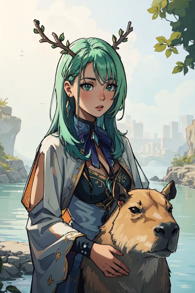 The image is of a beautiful anime girl with green hair and brown eyes. She is wearing a white dress with a blue sash and has antlers made of branches on her head. She is standing in a forest with a large brown capybara beside her. The background is a river with a city in the distance.