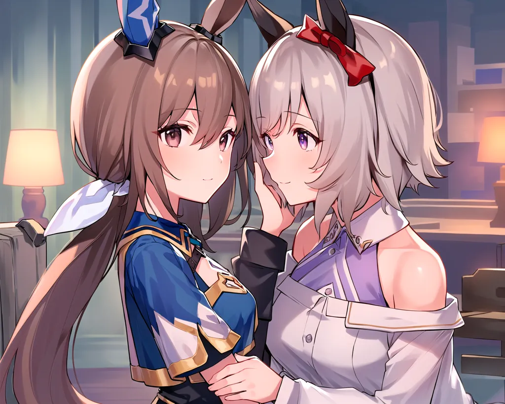 The image shows two anime girls with rabbit ears. The girl on the left has brown hair and brown eyes, and she is wearing a blue and white outfit. She has a gentle smile on her face, and she is holding the hand of the girl on the right. The girl on the right has white hair and purple eyes, and she is wearing a white and purple outfit. She has a playful smile on her face, and she is touching the cheek of the girl on the left. They are both sitting on a couch in a room with a warm lamp on the left.