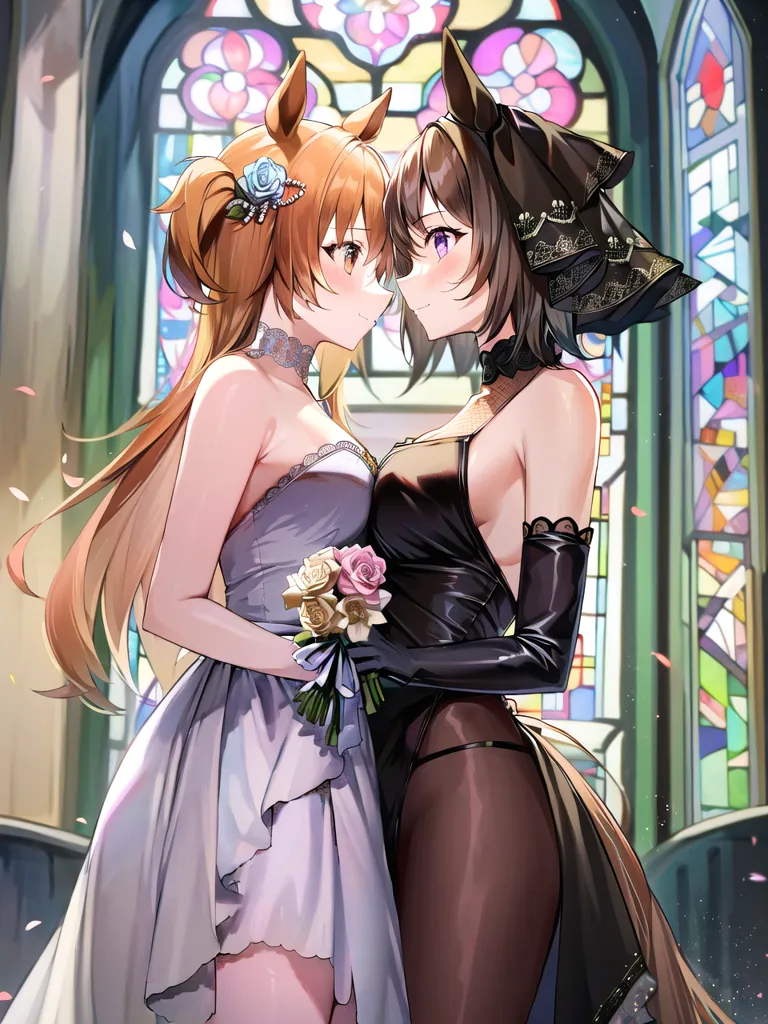 The image depicts two anime girls in a church. The girl on the left has long orange hair and blue eyes, and is wearing a white wedding dress with a blue sash and a bouquet of white roses. The girl on the right has short brown hair and purple eyes, and is wearing a black dress with a lace overlay and a black veil. The background is a stained glass window in shades of purple, blue, and green.