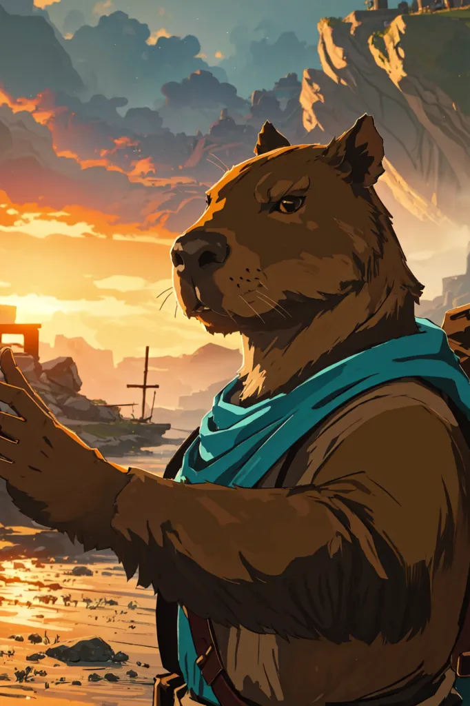 The image is a painting of a capybara standing on a beach at sunset. The capybara is wearing a blue scarf and a brown hat. It has a serious expression on its face and is looking out at the ocean. The background of the image is a beach with a large rock formation on the left and a small rock formation on the right. The sky is a gradient of orange and yellow with some clouds. The water is a dark blue.