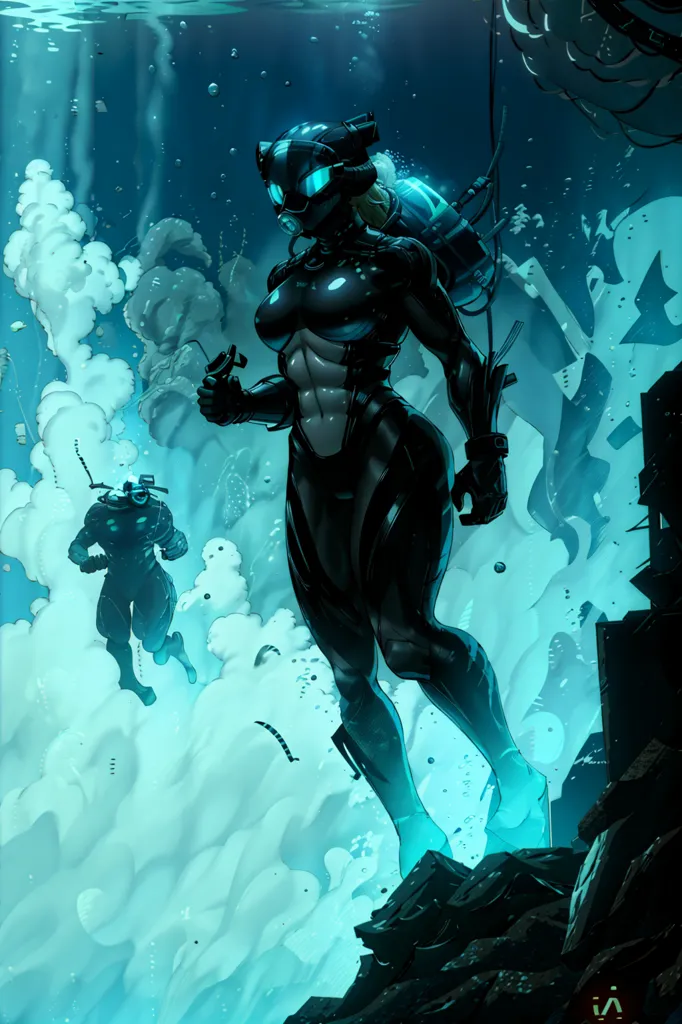 The image is set in a dark and murky underwater environment. A woman wearing a black wetsuit and a breathing apparatus is standing on a rocky outcropping. She is looking to the left of the frame, where another figure can be seen in the distance. The woman is armed with a knife and a gun. The image is full of detail, and the artist has used a variety of techniques to create a sense of realism. The water is rendered in a realistic way, and the bubbles and other particles are well-placed. The woman's wetsuit is also rendered in detail, and the artist has used a variety of materials to create a sense of texture. The image is well-lit, and the artist has used a variety of lighting techniques to create a sense of atmosphere. The overall effect is one of mystery and intrigue, and the viewer is left wondering what will happen next.