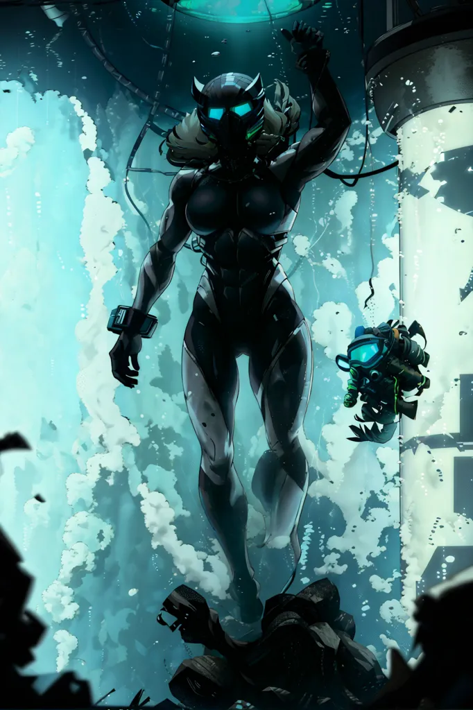 This is an image of a woman in a black wetsuit with a green light on her helmet. She is standing in a large glass tube filled with water. The woman is holding a small green creature in her hand. The creature has a helmet on and is wearing a backpack. There is a large pipe in the background of the image.