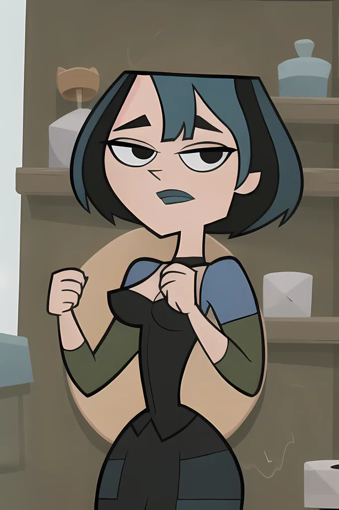 Gambar ini menunjukkan karakter kartun bernama Gwen dari seri Total Drama. Dia memiliki rambut hitam dan biru, mata biru tua, dan kulit pucat. Dia mengenakan gaun hitam dengan kerah putih dan korset biru. Dia juga mengenakan sepatu bot hitam dan meletakkan tangannya di pinggul. Dia berdiri di depan dinding kayu dengan rak di atasnya. Di rak tersebut terdapat berbagai barang seperti lilin, buku, dan botol.