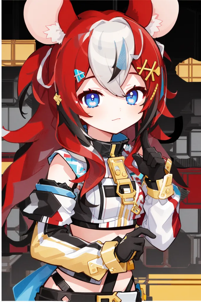 This is an image of a young girl with red and white hair. She has blue eyes and is wearing a white and red outfit. She has a surprised expression on her face and is pointing with one finger. The background is a yellow and black geometric pattern.