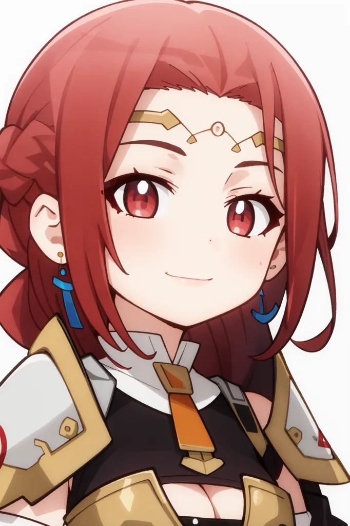 The image shows a young woman with red hair and red eyes. She is wearing a white and brown outfit with a yellow and white symbol on her chest. She has a brown belt and brown boots. She is also wearing a gold circlet on her head and blue earrings. She has a friendly smile on her face and is looking at the viewer.