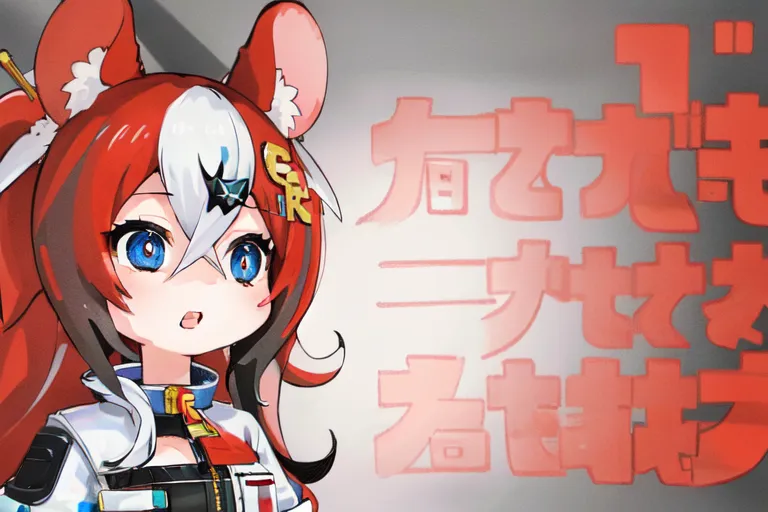 This is an illustration of a character with red and white hair and blue eyes. She is wearing a white lab coat with a red and white striped collar and a red and white striped tie. She has a surprised expression on her face and is looking to the right. There is a speech bubble on the right side of the image with a picture of a rat and the text \