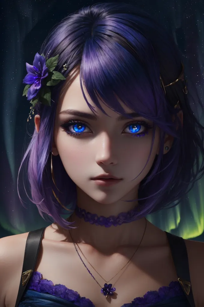 The image is a portrait of a young woman with purple hair and blue eyes. She is wearing a purple dress with a white collar. There are flowers in her hair and around her neck. The background is dark with a starry night sky. The woman's expression is serious and thoughtful.