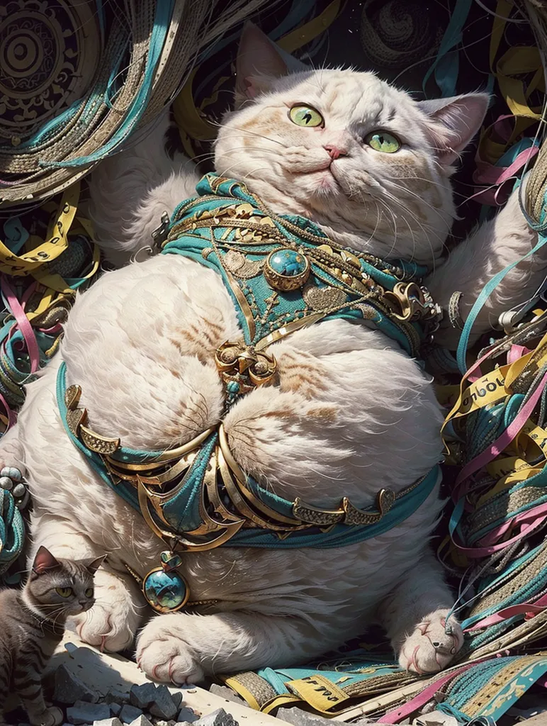 This image shows a large, white cat wearing an elaborate gold and turquoise jeweled harness. The cat is sitting on a pile of colorful ribbons and there is another cat sitting beside it. The cat has green eyes and is looking at the viewer with a slightly smug expression. The image is very detailed and realistic, and the cat's fur looks soft and fluffy.