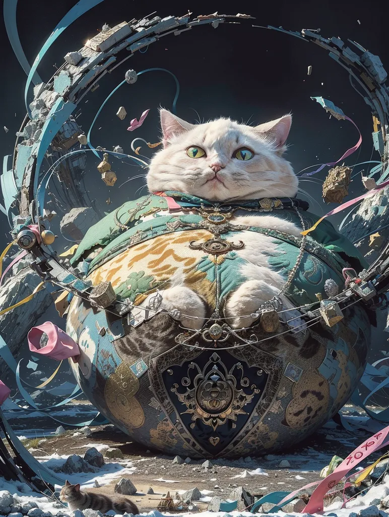 The image is a digital painting of a fat white cat wearing an elaborate outfit. The cat is sitting on a large, ornate sphere. The cat is surrounded by colorful ribbons and gravel. The cat has a surprised expression on its face. The painting is done in a realistic style and the colors are vibrant and satura