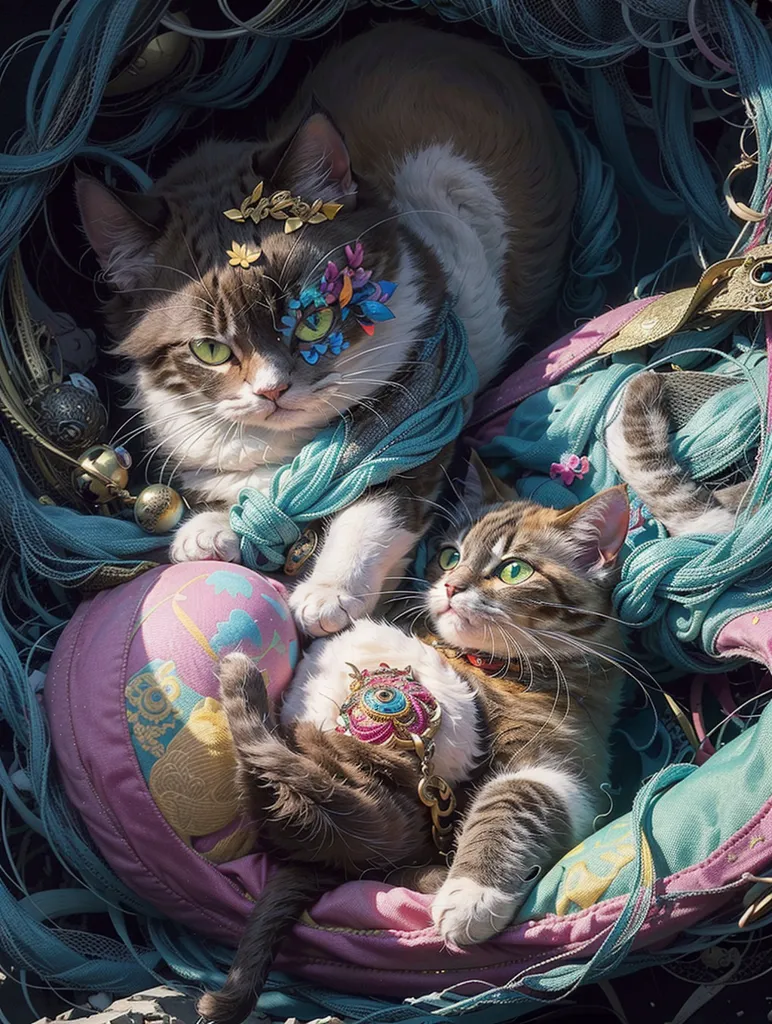 This is a digital painting of two cats in a nest. The cats are both gray and white, with the one on the left having more white. The cat on the left is looking at the viewer while the cat on the right is looking at the cat on the left. The nest is made of colorful ropes and fabrics. There are also some small objects in the nest, such as a ball, a bell, and a flower. The painting has a warm and inviting atmosphere.