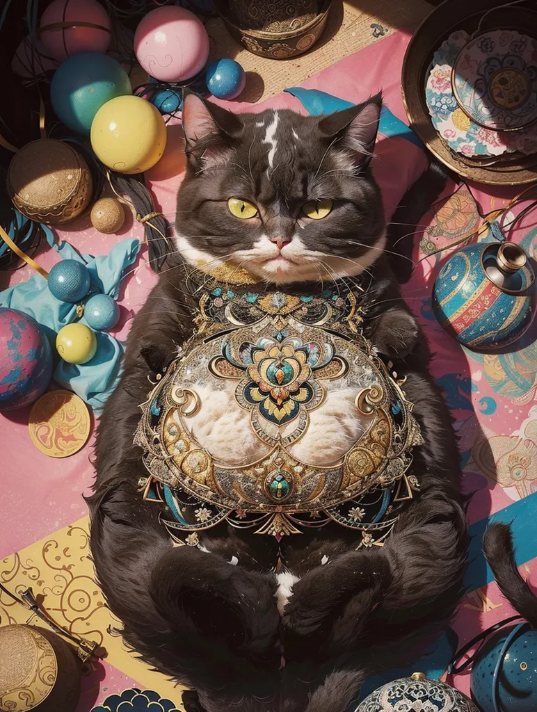 The image shows a black and white cat wearing an elaborate gold and jeweled bib. The cat is sitting on a pink cloth with various objects scattered around it, including balls, vases, and a plate. The cat has a smug expression on its face and is looking out at the viewer.