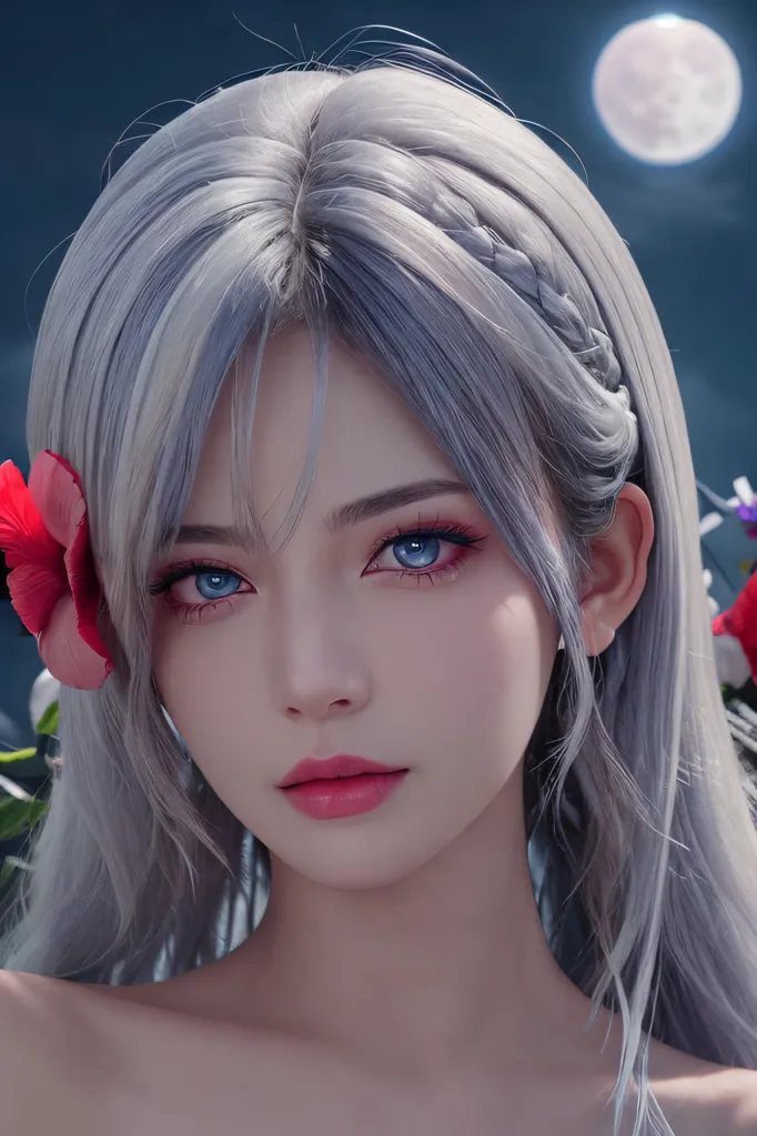 This image shows a beautiful young woman with long silver hair and blue eyes. She is wearing a red flower in her hair and has a gentle smile on her face. The background is a dark blue night sky with a full moon.