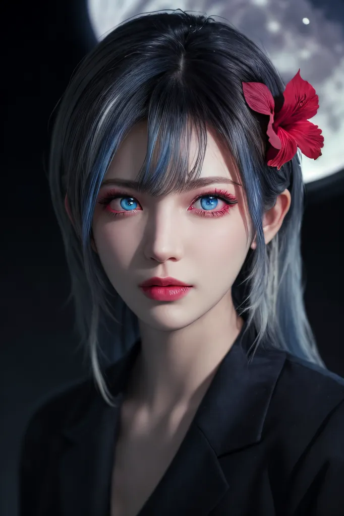 The image is a portrait of a young woman with blue hair and eyes. She is wearing a black suit jacket. There is a red flower in her hair. The background is a dark blue night sky with a full moon. The woman's expression is serious and thoughtful.