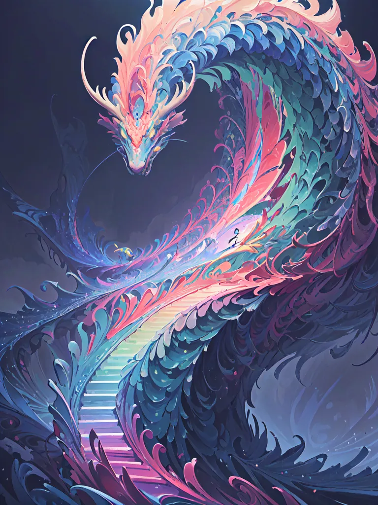 La imagen es una pintura de un dragón multicolor con un cuerpo largo y sinuoso. El dragón es principalmente azul, verde y rosa, con algunas escamas amarillas y moradas y un vientre blanco. Tiene un cuerpo largo y serpentino con una melena emplumada y un par de alas emplumadas. El dragón se representa como benévolo y majestuoso, con una expresión serena en su rostro. Se muestra en una vista de tres cuartos, con la cabeza ligeramente girada hacia la izquierda del espectador. El fondo de la pintura es un azul oscuro, con algunas estrellas dispersas alrededor del dragón.