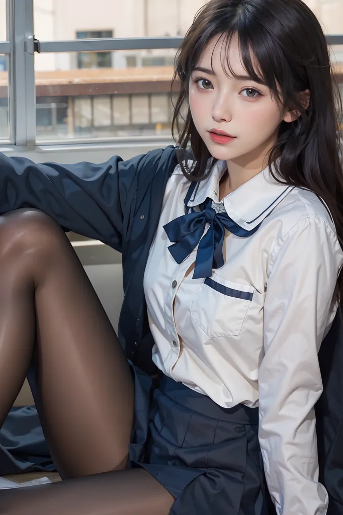 The image shows a young woman with long black hair and brown eyes. She is wearing a white shirt, a blue bow tie, and a gray skirt. She is sitting on a chair with her legs crossed and is looking at the camera. The background is a window with a view of a city.