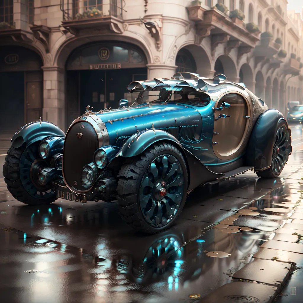 The image is of a retro futuristic car. It is blue and silver and has a very sleek design. The car is parked on a wet street and there are buildings in the background. The car has a lot of chrome accents and a large engine. The car also has a very unique design, with a long hood and a short trunk. The car is also very low to the ground. The car is very clean and looks like it is in mint condition.