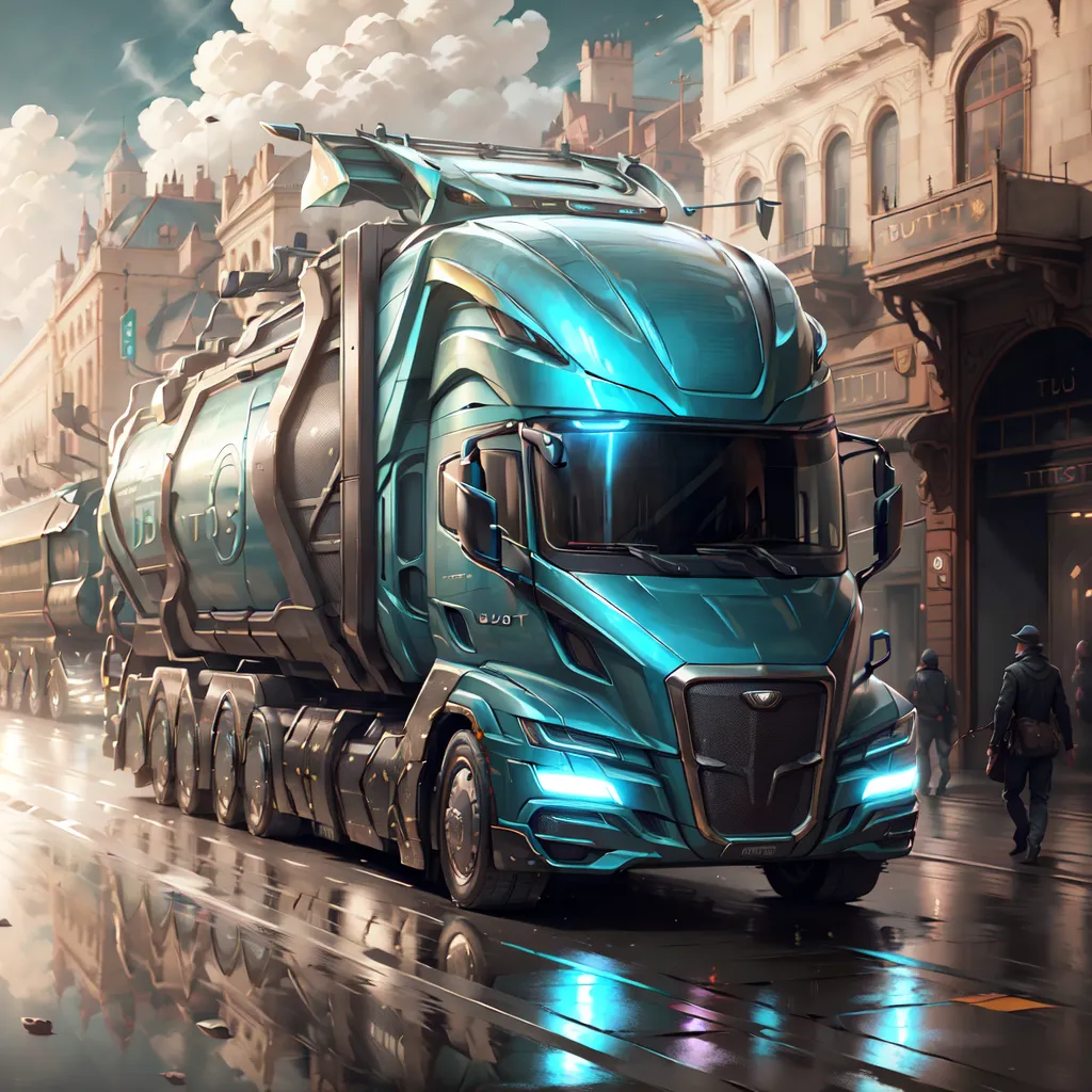 The image shows a futuristic truck. It is blue and silver, with a long trailer. The truck is driving down a city street, with buildings on either side. There are people walking on the street, and they are all looking at the truck. The truck is very sleek and shiny, and it looks like it is made of metal. The truck has a large engine, and it is making a loud noise as it drives down the street. The image is very detailed, and you can see all of the little details on the truck. The image is also very realistic, and it looks like it could be a real photograph.