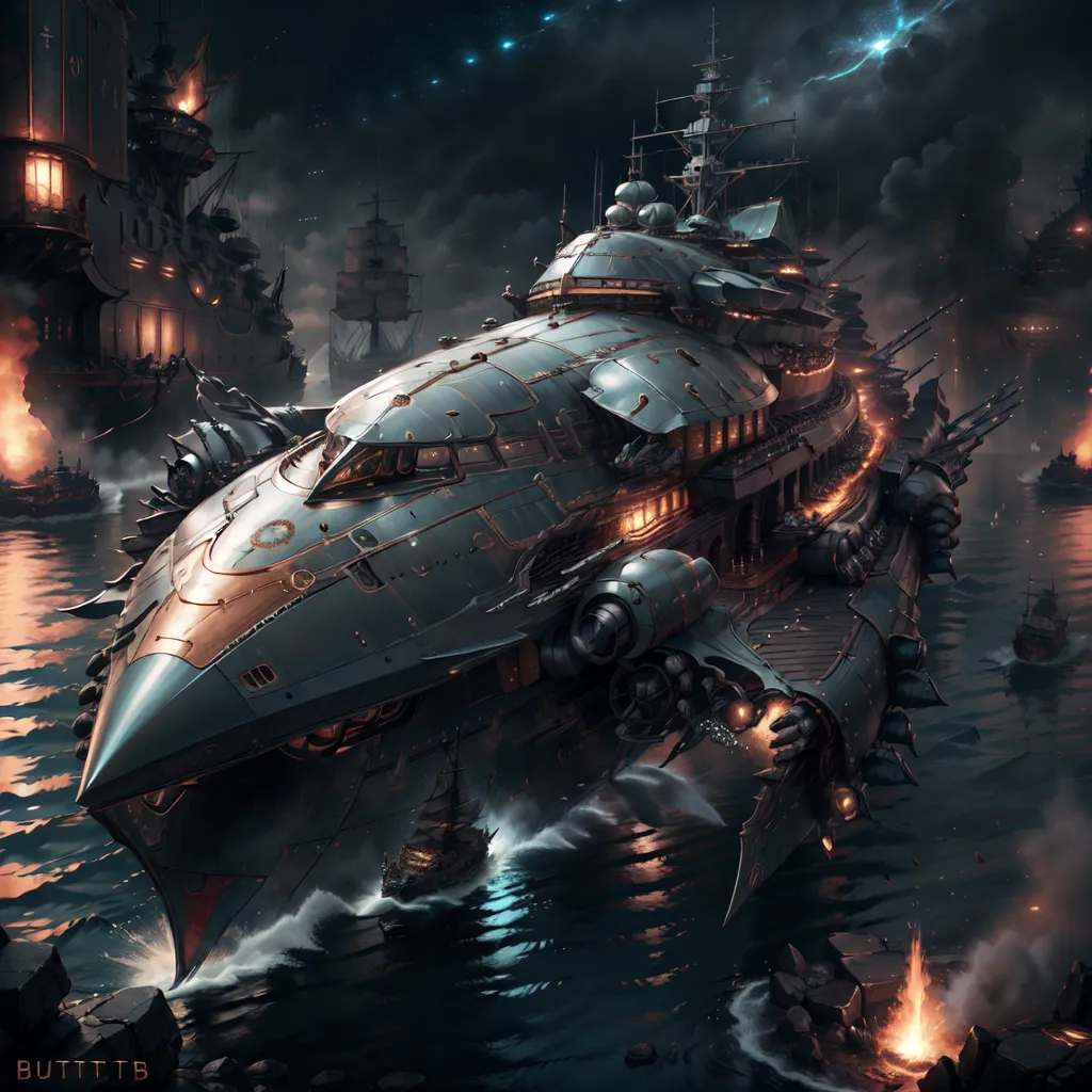 The image is a digital painting of a steampunk warship. The ship is large and imposing, with a dark metal hull and a variety of weapons mounted on its decks. It is surrounded by smaller ships, which are also armed with weapons. The sky is dark and stormy, and the waves are rough. The ship is lit by a number of lanterns and torches, which create a warm glow against the dark background. The image is full of detail, and the artist has clearly put a lot of thought into the design of the ship and its surroundings.