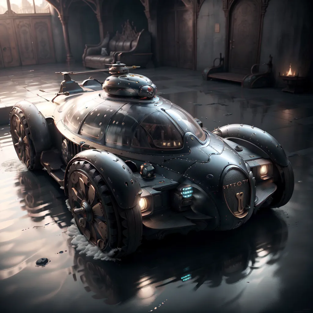 The image shows a futuristic car. It is black and silver and has a sleek design. The car is hovering above the ground and there is water on the ground. The car has a large windshield and a small body. The car also has a large engine and a small exhaust pipe.