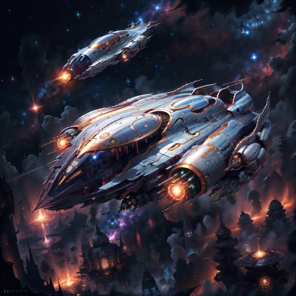 The image shows two spaceships flying over an alien city. The city is made up of tall buildings and towers, and it is lit up by bright lights. The spaceships are both sleek and futuristic, and they are flying close to each other. The background of the image is a starry sky, and there are clouds of gas and dust in the distance.