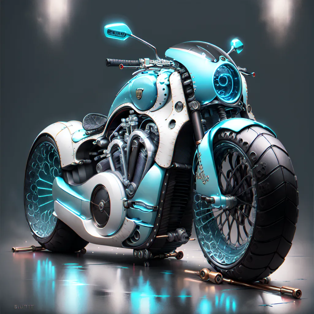 A imagem é uma motocicleta futurista com um esquema de cores azul e branco. Ela tem um motor grande e um design elegante. A motocicleta também está equipada com uma série de gadgets e recursos, como um display de projeção frontal e um computador integrado.