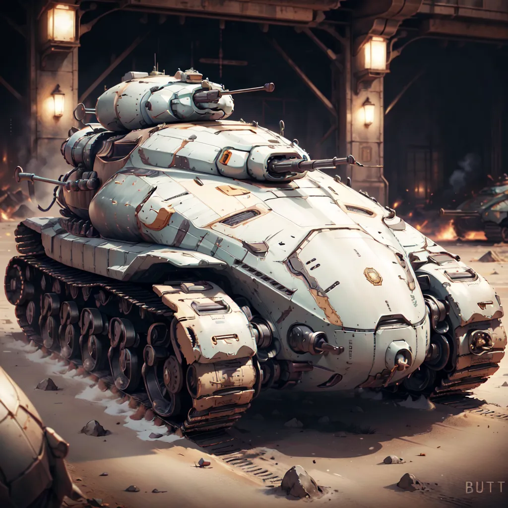 The image shows a futuristic tank. It is white and gray with a large cannon on the front. There are smaller cannons on the side and a machine gun on the top. The tank is surrounded by rocks and debris. There are buildings in the background. The tank is very detailed and looks like it is from a video game.