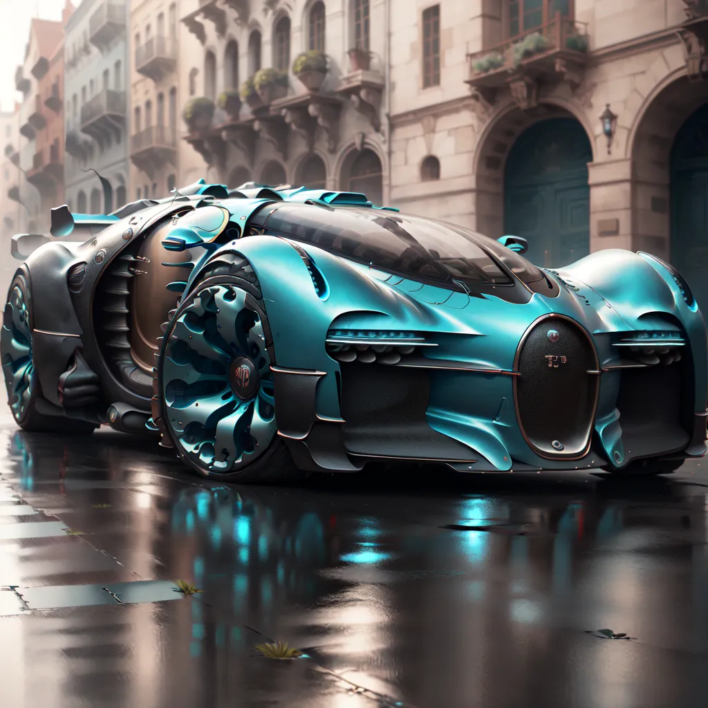 The image is a rendering of a futuristic car. The car is blue and silver, with a sleek design and large wheels. It is parked on a wet street in a European city. The car is surrounded by buildings and there are trees in the background. The image is photorealistic and the car looks like it could be real.