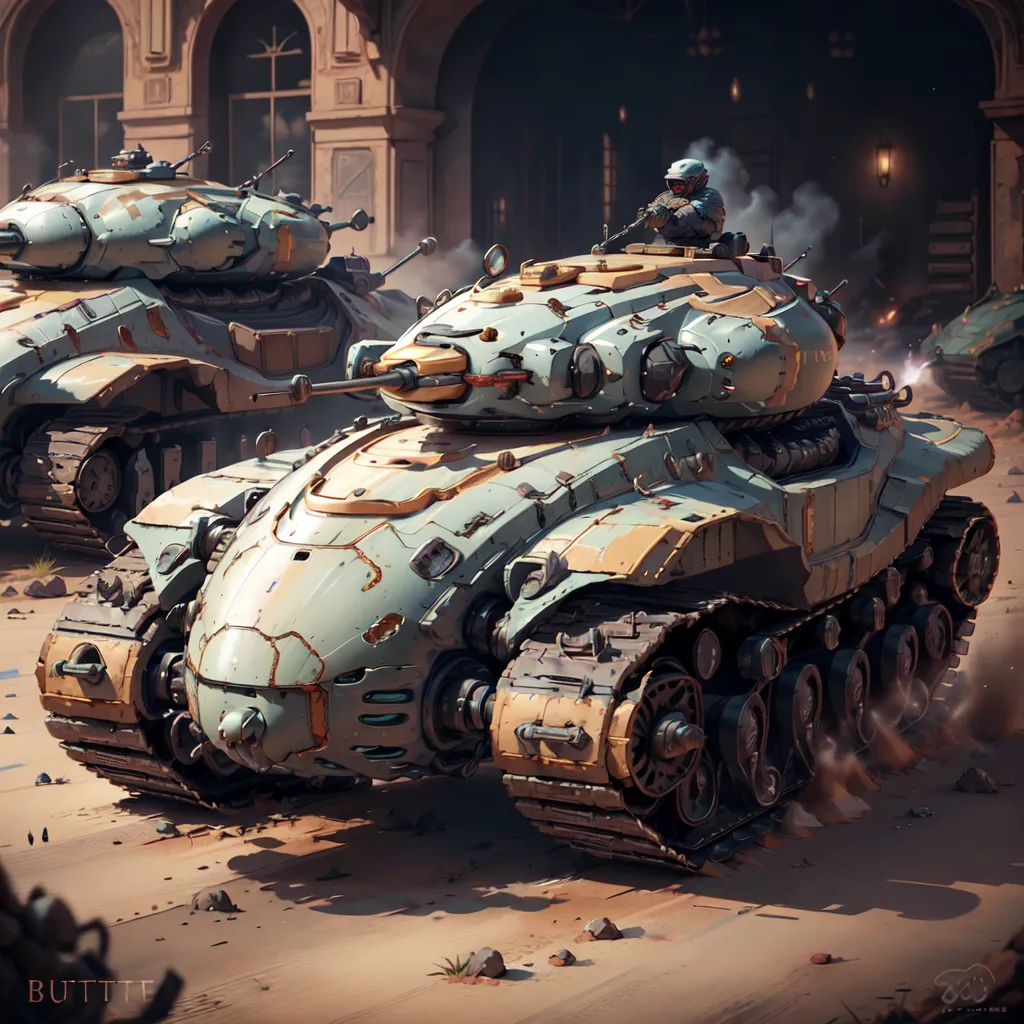 The image shows a group of futuristic tanks driving through a desert. The tanks are large and heavily armored, with sleek designs and powerful weapons. They are painted in a variety of colors, including green, brown, and yellow. The tanks are being driven by soldiers who are wearing protective gear. The soldiers are armed with guns and other weapons. The tanks are moving quickly and appear to be on a mission. In the background, there is a large building.