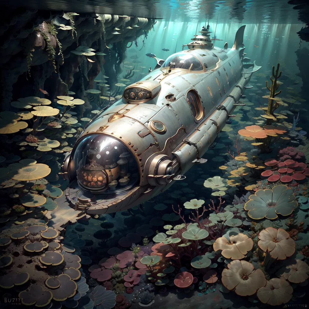 The image is a painting of a steampunk submarine. The sub is made of metal and has a large glass window in the front. It is surrounded by a variety of aquatic plants and animals. The sub is also surrounded by a number of large, colorful mushrooms. The water is murky.