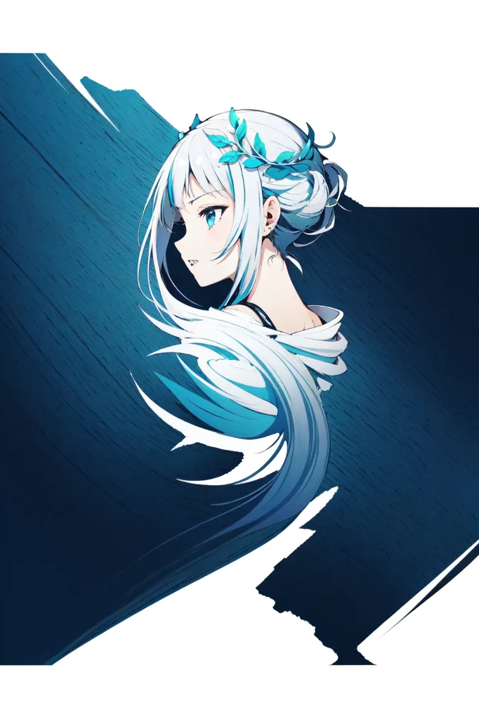 The image is an illustration of a young woman with long white hair and blue eyes. She is wearing a white dress with a blue sash and has a wreath of leaves in her hair. The background is a dark blue color. The image is drawn in a realistic style and the woman's expression is serious.